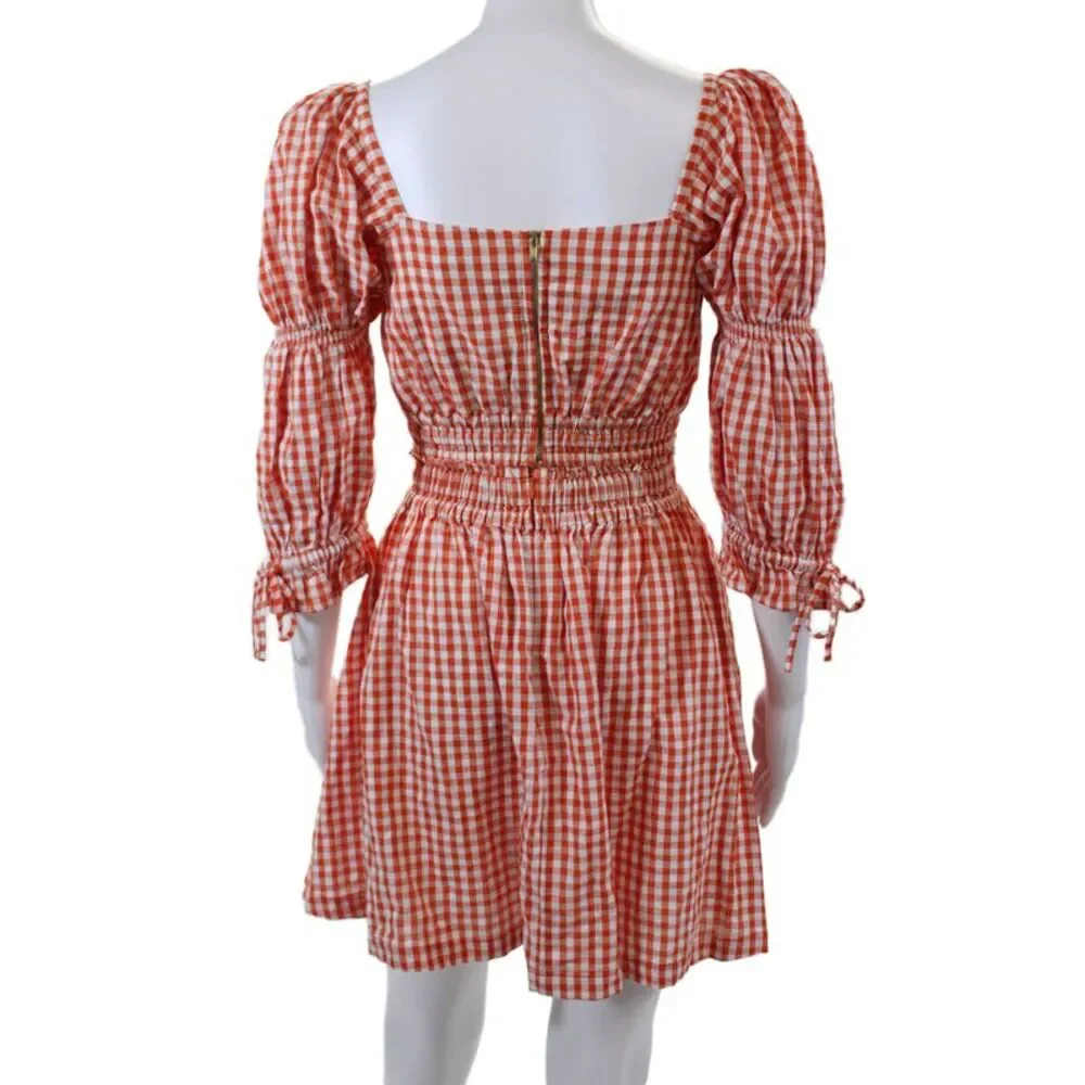 Rue Stiic Womens Cotton Gingham Waist Cut Out V-Neck Puff Sleeve Dress Red Sz XS - Picture 3 of 6